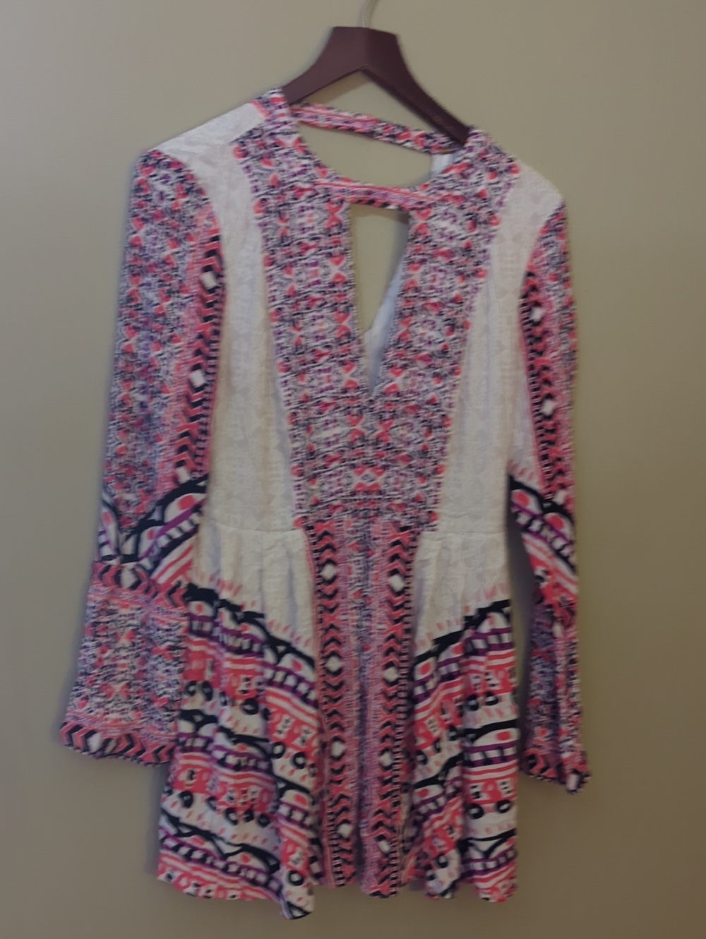 Free People Pink and White Mixed-Print Long Sleeve Dress